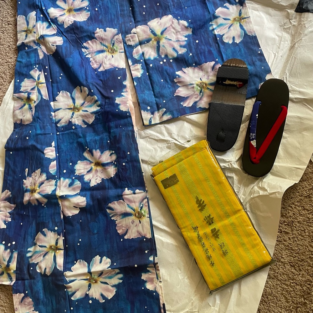 Floral Blue Kimono Set with Yellow Obi and Sandals
